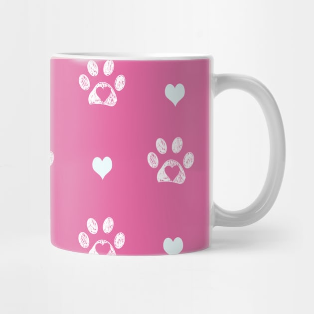 White doodle paw prints with pink hearts and pink background by GULSENGUNEL